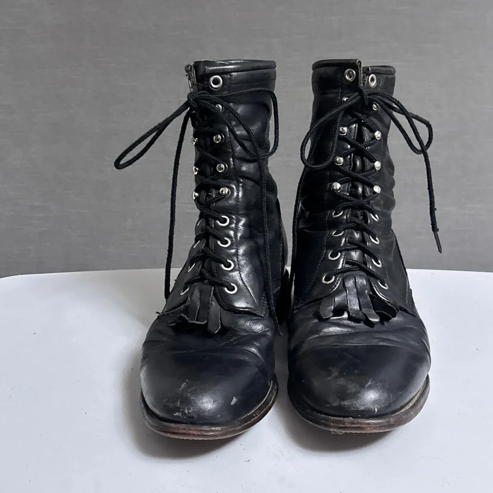 Vintage Justin Lace Up Boots 8.5 D Black Leather Kiltie Work Packer Conductor